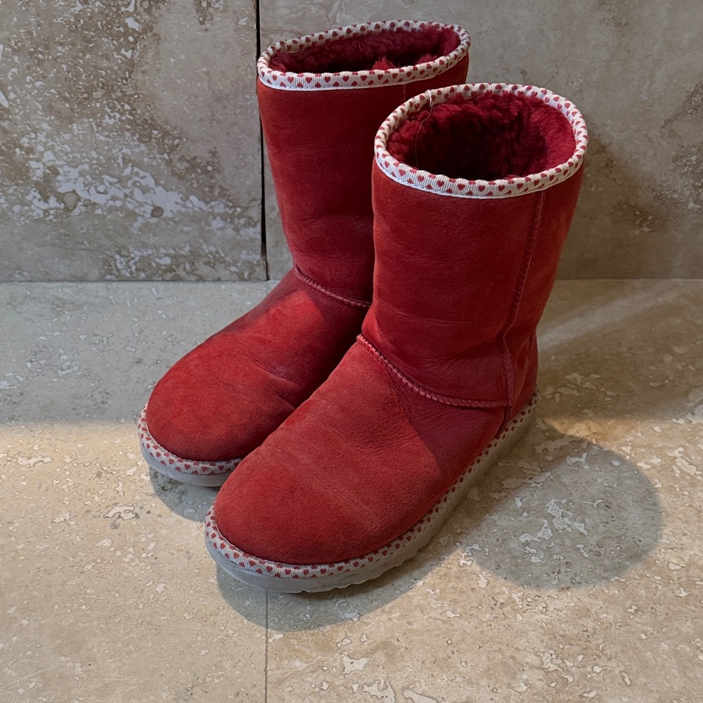 Red Suede Ugg Boots with White Trim and hearts
